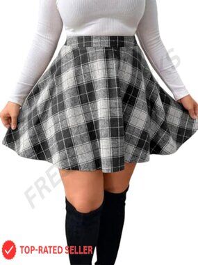 Plus Size Plaid Mini Skirt A-Line Flare Pleated Elastic High Waist Preppy Skirt